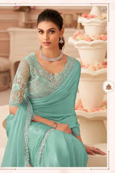 India Silk Light Green Sarees With Silver Chiffon Shimmer Combine Rich Silk Texture With A Delicate